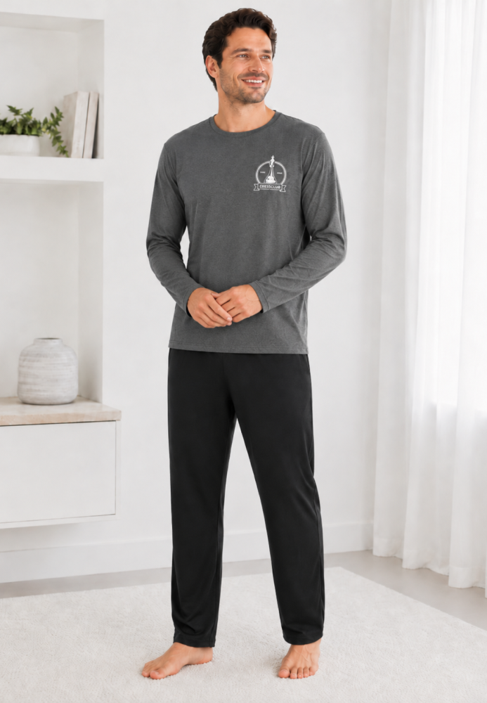 Pijama barbati Serena cu maneca lunga si pantalon lung-Gri ,Engros